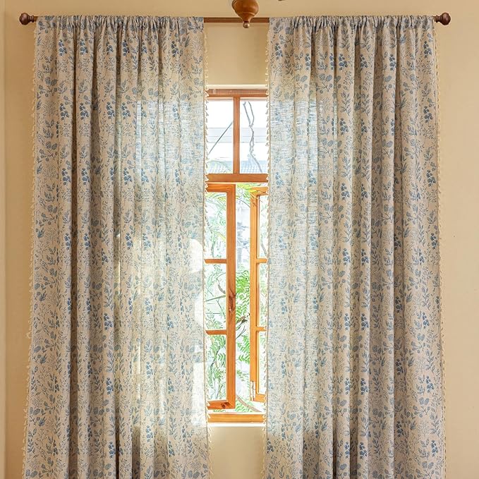 OYX Blue Floral Light Filtering Boho Curtains 84 Inch Long 2Panels For Living Room, Country Farmhouse Rustic Vintage French Drapes, Flower Printed Rod Pocket Privacy Decor Drapes For Bedroom Aesthetic