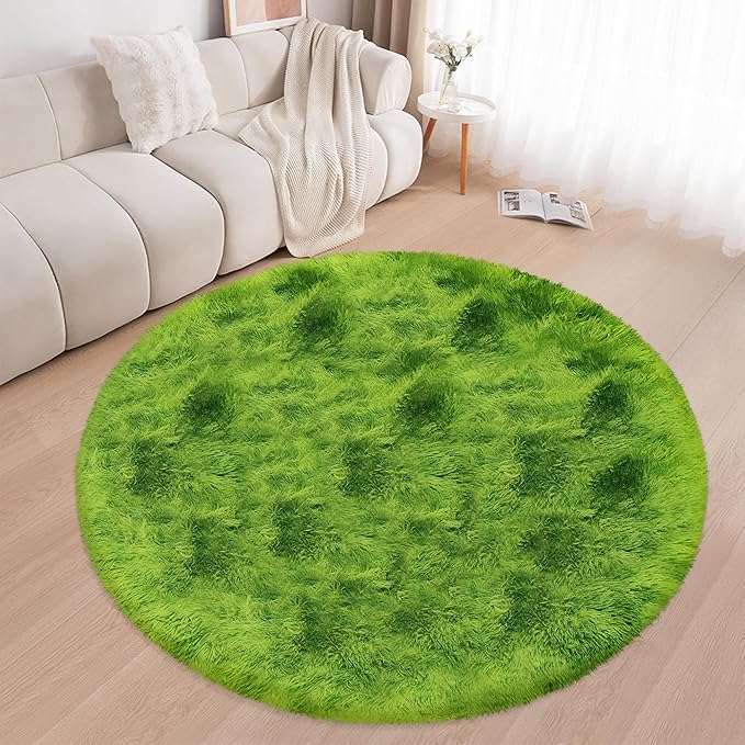 6 ft Large Fluffy Green Grass Area Rugs for Bedroom,Soft Shaggy Round Rugs Plush Fuzzy Circle Area Rug for Living Room Kids Playroom Room Baby Toddler Nursery Home Decor Aesthetic