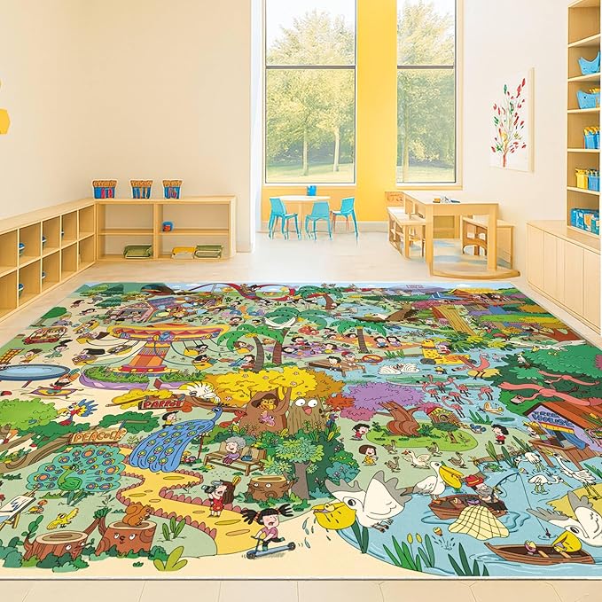 Extra Large Jungle Explorer Rug 8x10 – Vibrant Cartoon Safari with Birds, Boats, Rides & Forest Scenes – Ideal for Playrooms, Classroom, Daycares, or Activity Spaces