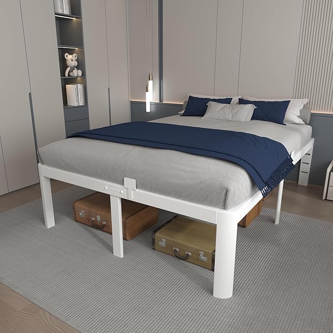 16 Inch White King Size Bed Frame, Metal King Bed Frame with Baffles, No Box Spring Needed, Heavy Duty Steel Platform Support, Round Corner Legs, Reserved Holes, Storage Space, Noiseless