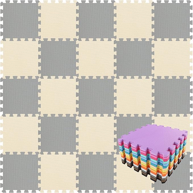 qqpp EVA Rubber 18 Tiles Interlocking Puzzle Foam Floor Mats - Baby Play Mat for Playing | Exercise Mat for Home Workout. Beige, Gray. QC-JLb18N