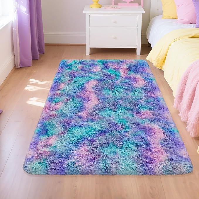 Tie-Dyed Purple Blue Rainbow Kids Rug for Bedroom, 3x5 Fluffy Fuzzy Area Rugs for Girls Room Dorm, Indoor Shaggy Living Room Carpet, Cute Soft Shag Playing Mat for Baby Nursery Playroom