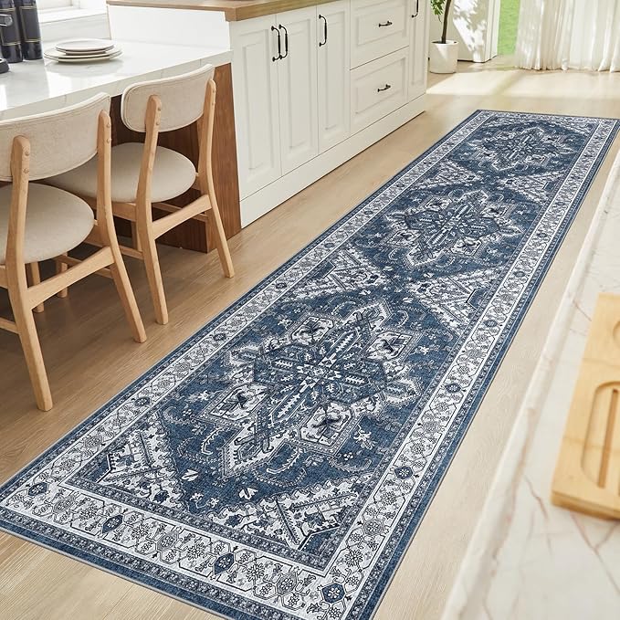 WITSHOCK Living Room Area Rugs 3x12: Washable Rug Boho Soft Non-Slip Low Pile Stain Resistant Foldable Carpet for Bedroom Playroom Dining Room Office Kitchen Farmhouse Home Decor Rug-Blue