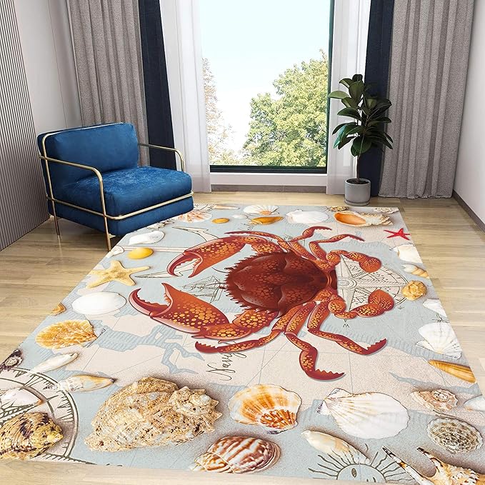 Nautical Theme Area Carpets, 6x8ft, Ocean Crab Shell Floor Rugs, Vintage Compass Anchor Printed Carpets, Machine Washable Foldable Easy-Clean Mats for Dining Room Runners