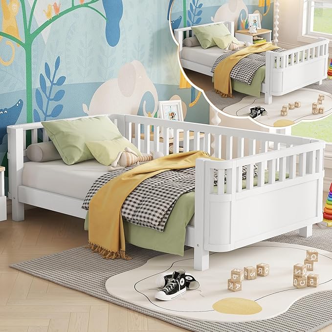 Twin Size Kids Bed Montessori Daybed with Safety Rails and Headboard, Low Profile Wood Platform Twin Bed Frame with Slats for Kids Boys Girls Bedroom, No Spring Box Required, Twin White