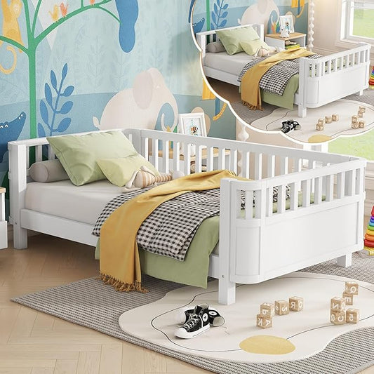 Twin Size Kids Bed Montessori Daybed with Safety Rails and Headboard, Low Profile Wood Platform Twin Bed Frame with Slats for Kids Boys Girls Bedroom, No Spring Box Required, Twin White