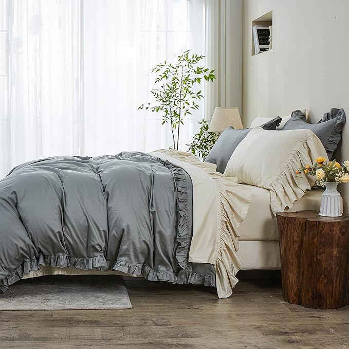 Simple&Opulence Kids 100% Organic Cotton Queen Duvet Cover Ruffle 3Pcs(1 Comforter Cover 2 Pillowcases) Cute Lace Vintage Boho Shabby Chic Farmhouse Bedding Set Teen Girls(Gray, Queen)
