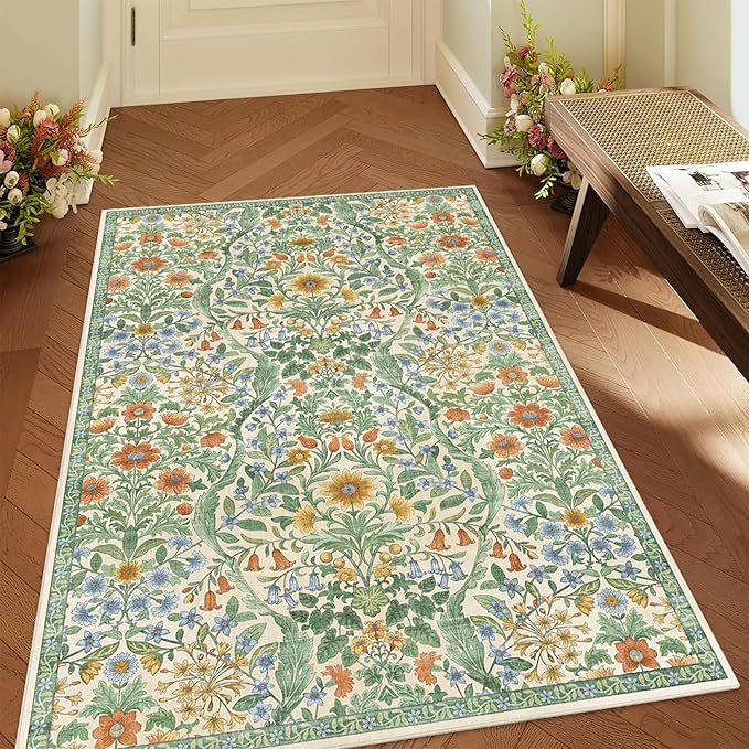 3x5 Grass Green Boho Floral Vintage Area Rug,Soft Lightweight Low Pile Non-Shedding Carpet,Machine Washable Stain Resistant & Non-Slip for Entryway,Bedroom, Kids Room,Living Room