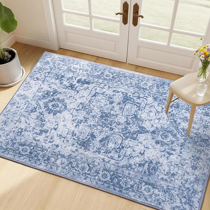 Area Rug 2x3, Washable Rug for Entryway Indoor, Small Area Rug for Living Room Entrance, Vintage Rug for Bedroom Doormat, Non Slip Soft Low Pile Carpet for Kitchen, Hallway, Office, Blue