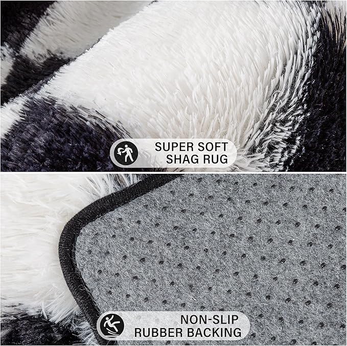 Checkered Area Rug 2x6 for Bedroom, Black and White Modern Shag Rug Super Soft Runner Carpet Washable Fluffy Rugs for Living Room Bedside Sofa Home Dorm Decor Aesthetic