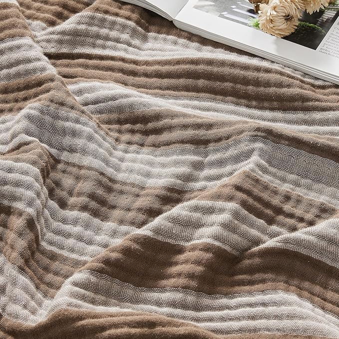 EMME Cotton Muslin King Blanket Bed Layering Bedspread Coverlet Breathable Gauze Soft Lightweight (Striped Brown, 108"x90")