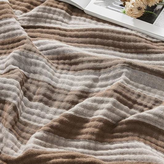 EMME Cotton Muslin King Blanket Bed Layering Bedspread Coverlet Breathable Gauze Soft Lightweight (Striped Brown, 108"x90")