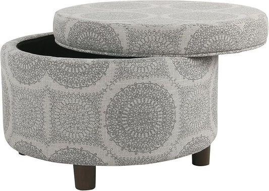 Homepop Home Decor | Upholstered Round Storage Ottoman | Ottoman with Storage for Living Room & Bedroom (Grey Medallion) 24.0 In. X 24.0 In. X 17.0 In.