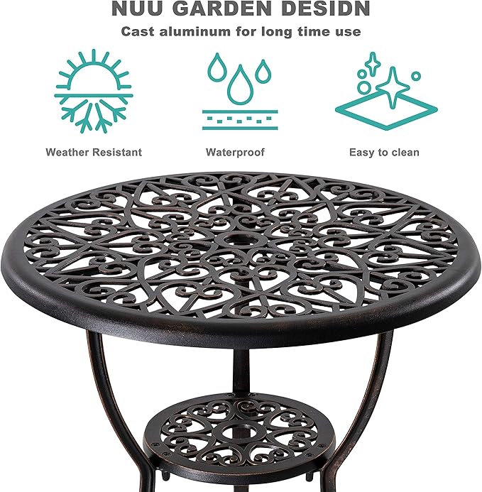 NUU GARDEN 3 Piece Outdoor Bistro Set Cast Aluminum Patio Set Bistro Table Set Rustproof Patio Table and Chairs with Umbrella Hole for Backyard, Balcony, Front Porch, Black