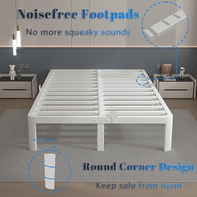 12 Inch White Full Size Bed Frame with Baffles, Metal Full Bed Frame No Box Spring Need, Heavy Duty Steel Platform Support, Reserved Holes, Round Corner Legs, Storage Space, Noiseless