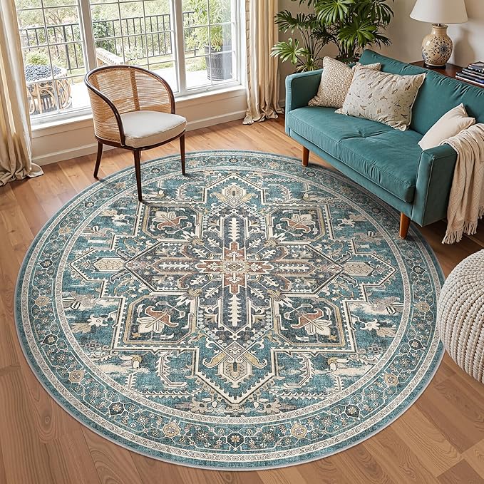 WITSHOCK Round Living Room Rugs 8Ft: Washable Vintage Boho Soft Low Pile Non-Slip Stain Resistant Foldable Carpet for Bedroom Playroom Dining Room Office, Distressed Farmhouse Home Decor Rug-Dull Teal