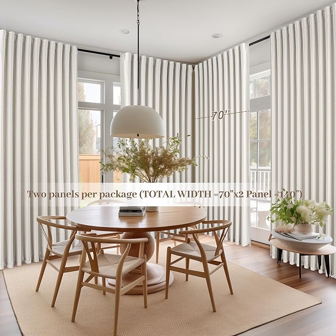 Butter Cream Extra Wide 70 Floor to Ceiling Blackout Curtains for Living Room, Linen Blend Pleated Farmhouse Drapes Rod Pocket Ceiling Track Large Windows Burg (70" Wx90 Lx 2Panels)