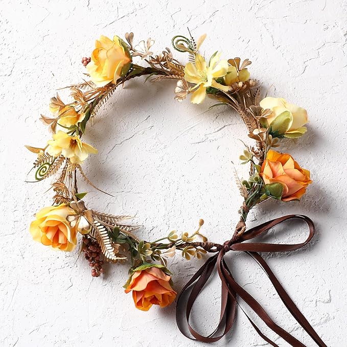 Fairy Rose Flower Crown - Golden Leaves Autumn Yellow Flower Headband Fashion Boho Bridal Floral Headpiece Women Girls Vacation Party Festival Photo Prop