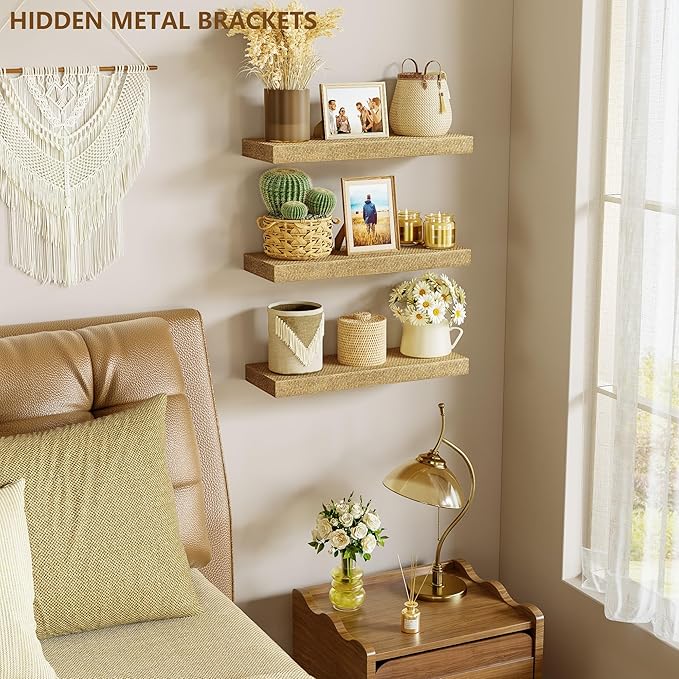 Alsonerbay Rattan Floating Shelves for Wall Set of 3, 15.7 Inch Wood Shelves Wall Mounted with Invisible Bracket for Bedroom Living Room Nursery and More