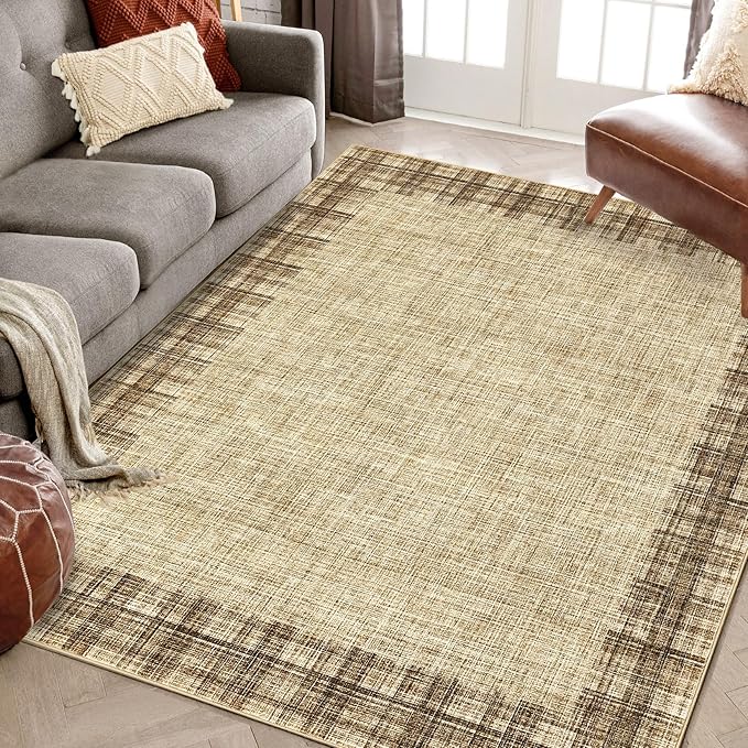 COZYLOOM Living Room Area Rug 8x10 Machine Washable Carpet Abstract Rug Low Pile Home Decor Carpet for Bedroom, Dining Room, Family Room, Nursery, Playroom（Natural）