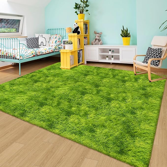 Tie Dyed Grass Green Shag Rug 5x8, Soft Plush Green Fluffy Rug Large Fuzzy Area Carpet for Living Room Bedroom Dorm Nursery Furry Indoor Floor Rug for Kids Girls Boys Home Decor Aesthetic