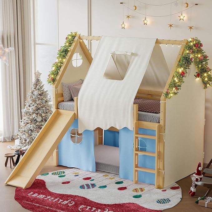 Playhouse Design Full Size Loft Bed with Slide & Tent, Solid Wood Tent Bed Frame for Kids Boys Girls, Versatile Spacious Under Bed Space, Chic Design with Lights (Natural+Blue-Full)
