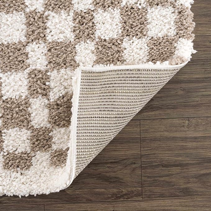 BoutiqueRugs Kieu Modern Checkered Shag Runner Rug - High Pile Fluffy Shag Carpet for Hallway, Nursery, Playroom, Girls Boys Room - Light Gray, Taupe, Cloud Gray - 2'7" x 7'3" (2x8)