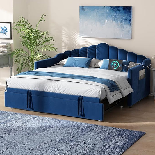 SOFTSEA Twin Daybed with Pop Up Trundle, Velvet Upholstered Daybed with USB Ports, Modern Extendable Sofa Bed Frame with Curved Backrest for Bedroom, Small Space, Blue