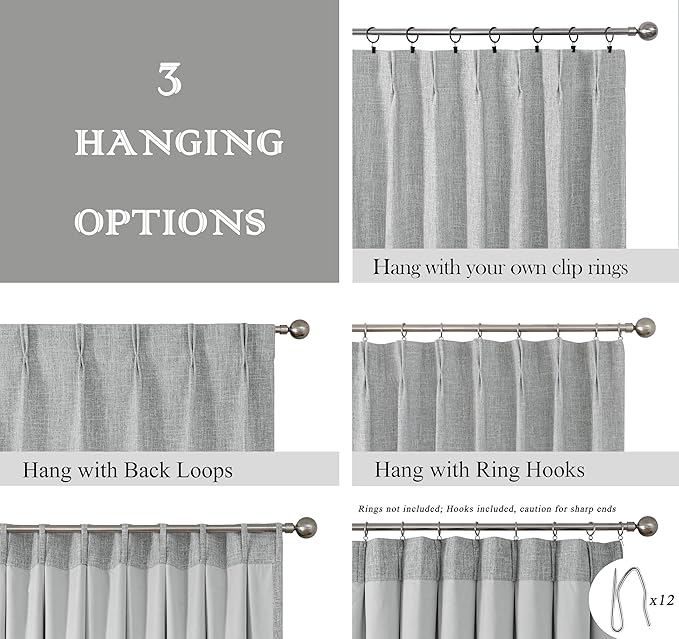 Pinch Pleat Full Blackout Curtain Panel Linen Texture Thermal Insulated Drapery with Full Blackout Liner for Farmhouse Bedroom Window Treatment Sets with Hooks, Gray, 60"x108"x1