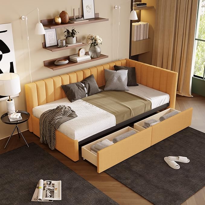 Harper & Bright Designs Upholstered Daybed with 2 Storage Drawers Twin Size Sofa Bed Frame No Box Spring Needed, Linen Fabric (Yellow)