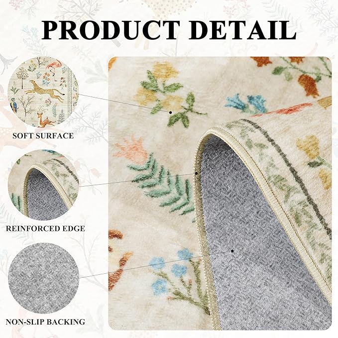 DUKINO 3x5 Rug, Washable Animal Area Rug with Non Slip Vintage Design, Indoor Soft Low Pile Carpet for Bedroom, Nursery, Dining Room, Farmhouse, Playroom, White