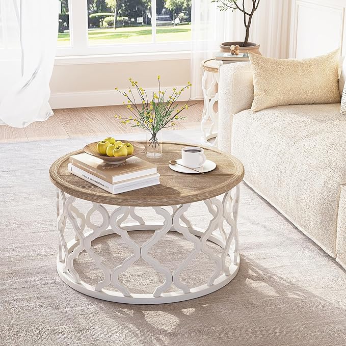 karlott Farmhouse Coffee Table, French Country Round Coffee Table with Distressed Tray Top, Coastal Coffee Table with Curved Motif Frame Base, Boho Coffee Table for Living Room, Dining Room, Bedroom