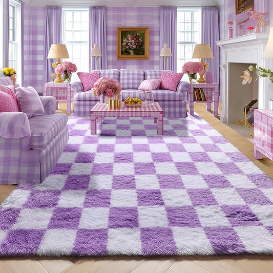 KICMOR Purple Rugs for Living Room Bedroom, Fluffy Soft Checkered 5x8 Area Rug Fuzzy Shag Shaggy Carpet, Indoor Furry Plush Floor Rugs for Kids Girls Boys Baby Teen Dorm Nursery Home Decor Aesthetic