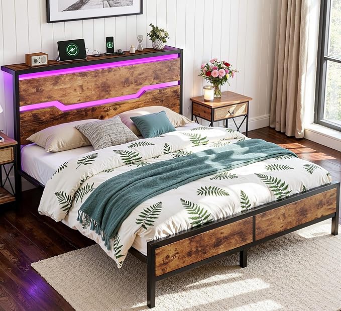 Queen Bed Frame with LED Lights & Charging Station, Bed Frame Queen Size with Headboard,13" Under Bed Storage, Noise-Free Heavy Duty Metal Support, Modern Brown
