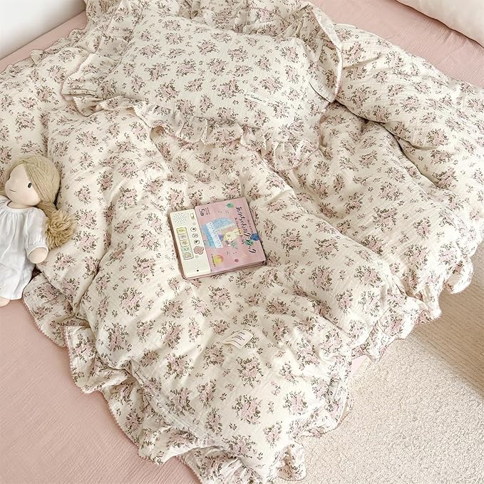AOJIM Kids Cotton Muslin Duvet Cover with Pink Floral Patterns, 1pc Super Soft Toddler Bedding Comforter Cover 2-Layer Gauze 47X59'', Ruffled Edges Duvet Protector for Girls Boys, No Quilt or Pillow
