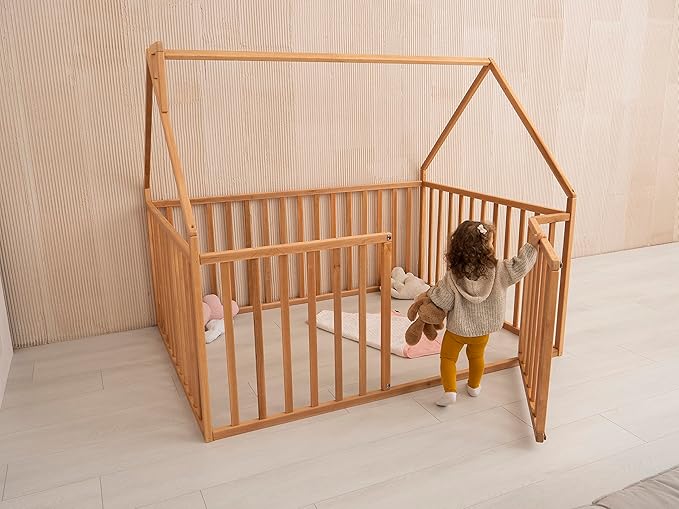 BUSY WOOD Montessori Bed with High Rails for Toddlers - Twin Floor Bed - Full, Queen, King, Small - Wooden Floor Bedframe (Model 21)