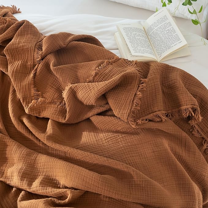 MooMee Muslin Blanket - 100% Cotton 4-Layer Gauze Throw Blanket with All-Around Fringe, Ultra-Soft Breathable Lightweight Cooling Decorative for Bed, Sofa & Couch (Drak Orange, Queen 90" x 90")