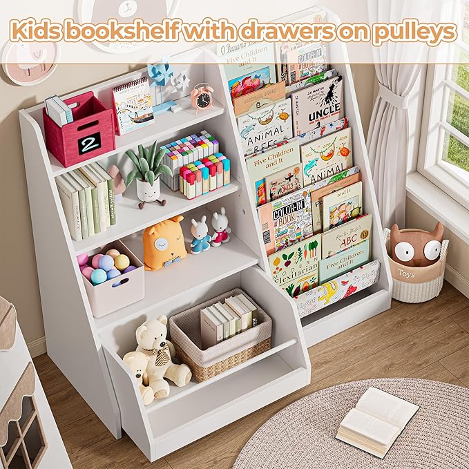 IRONCK Kids Bookshelf and Toy Storage, 42" Wide Large Toddler Bookshelf with Movable Drawer and 5 Sling Pockets, Montessori Book Shelf for Kids Rooms, 2 Pack