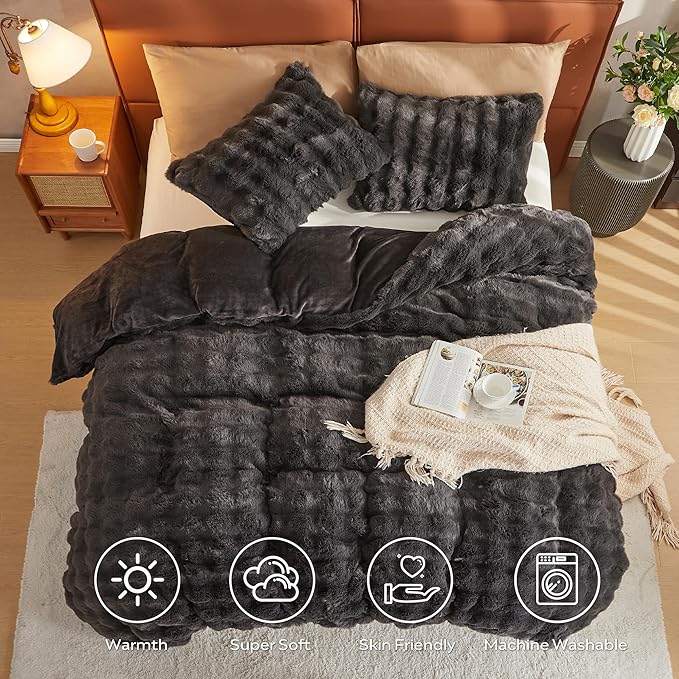 JELLYMONI Plush Duvet Cover Set - King Size Dark Gray Faux Fur Comforter Cover 3pcs Bedding Set Luxury Ultra Soft Striped Fluffy Duvet Cover with Zipper and 2 Pillowcases (NO Comforter)