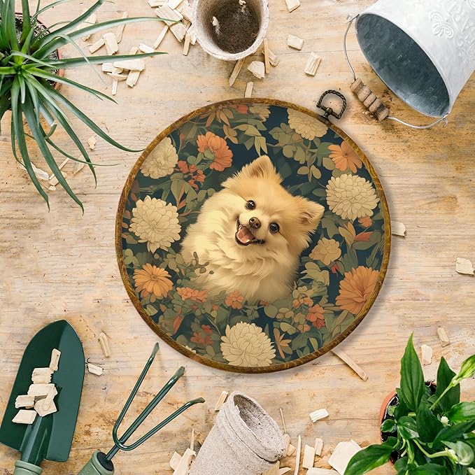 Hiuwevt Vintage Floral Pomeranian Round Wall Art Decor, Pomeranian Gifts for Women Framed Canvas Prints, Cottagecore Flower Dog Round Wall Hanging Decor for Home Bedroom Room Decorations, 10x10 Inches