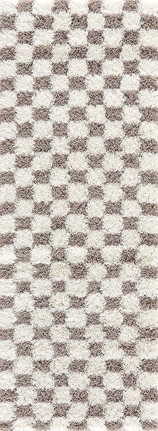 BoutiqueRugs Atira Modern Checkered Shag Runner Rug - High Pile Fluffy Shaggy Carpet - Kids Room, Hallway, Bedroom Shag - Brown, Cream, White, Taupe - 2'7" x 7'3" (2x8)