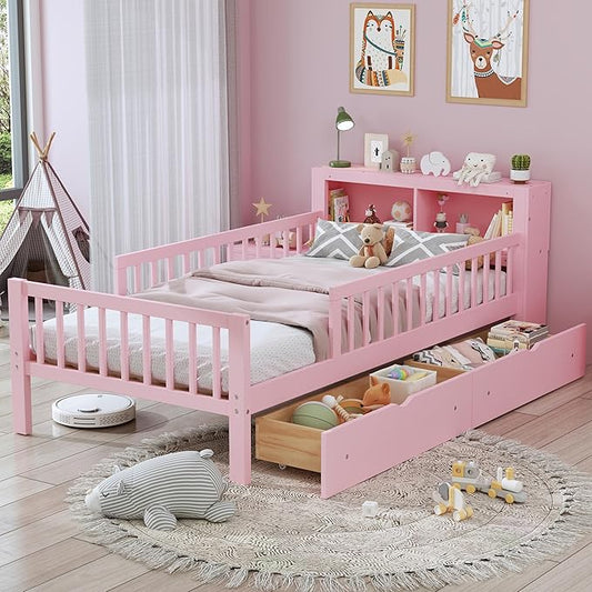 Wood Twin Size Platform Bed with Safety Fence for Kids Boys Girls, Platform Bed Frame with Practical Headboard and 2 Under-Bed Drawers, Sturdy Slats Support (Pink-3.15)