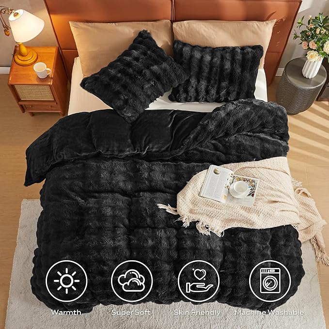 JELLYMONI Plush Duvet Cover Set - Twin Size Black Faux Fur Comforter Cover 2pcs Bedding Set Luxury Ultra Soft Striped Fluffy Duvet Cover with Zipper and 1 Pillowcase (NO Comforter)