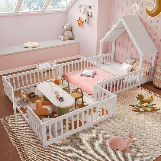 Harper & Bright Designs Full Size House Shaped Double Floor Bed with Door and Full-Length Guardrails, Solid Wood Kids Montessori Floor Bed for Girls Boys, Multi-Function, White