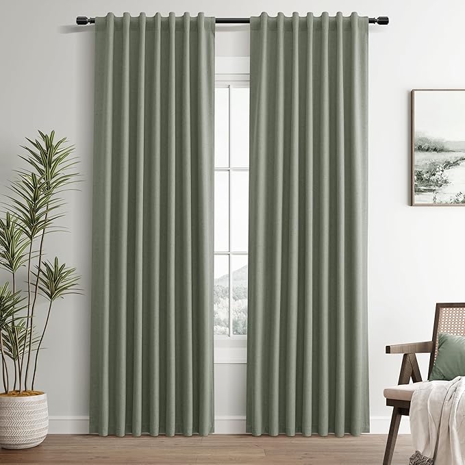 100% Blackout Linen Textured Curtains 80 Inches Long 2 Panels Set Room Darkening Curtains for Bedroom Living Room Sage Green Back Tab Hook Belt Insulated Thermal Noise Reduction Window Drapes 52x80