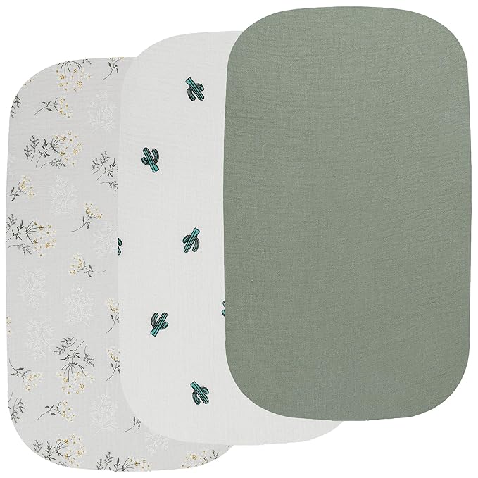 Onacosht Muslin Bassinet Sheets 3 Pack, 100% Cotton Baby Fitted Sheet 33" X 17" for Standard Rectangle Round Oval and Hourglass Bassinet Mattress, Green, Floral and Cactus
