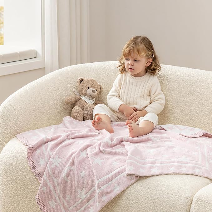 Berkshire Baby Blanket,Ultra-Plush Reversible Chenille Knit Toddler Blanket,Cute Pattern Nursery Crib Blanket,Ideal Baby Gift(30x40 Inches,Stars and Moon Border White-Pink)