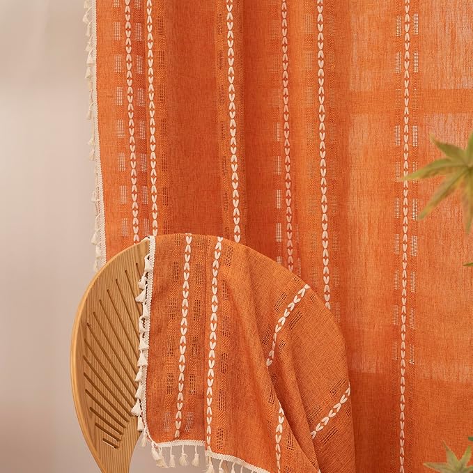 Deeprove Orange Boho Curtain 84 inches Length for Living Room Bedroom, Bohemian 84 inches Long Burnt Terracotta Fall Embroidery Textured Halloween Privacy Window Thanksgiving Decor W52 x L84, 1 Panel