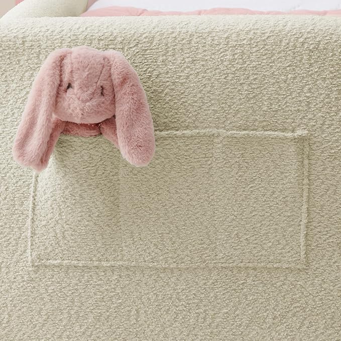 DEINPPA Twin Size Platform Bed Frame with Rabbit Ear Shaped Headboard and Pocket, Boucle Upholstered Bed Frame with Guardrail for Children Kids Boys Girls-Camel