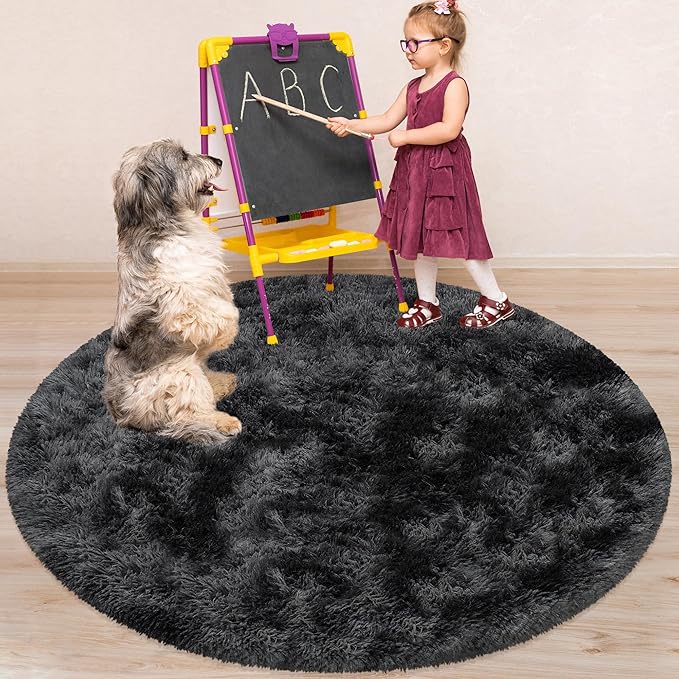 5 ft Round Fluffy Black Rug for Bedroom,Tie Dyed Furry Round Carpet Non Slip Fuzzy Shaggy Plush Circle Area Rug for Living Room Teen's Room Nursery Room Playroom Kids Room Home Decor Washable